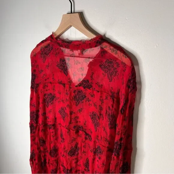 Sundance Elodie Red Black Floral Tiered Blouse Tunic Top XL Sheer Button - Picture 7 of 8